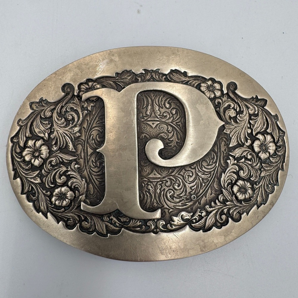 Award‎ Design Medals Solid Brass Initial P Belt Buckle Vintage Western Floral